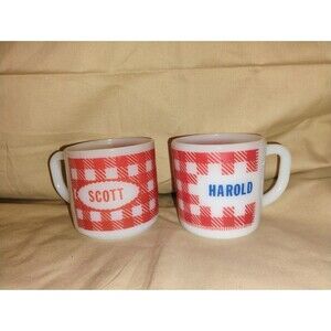 2 Vintage Westfield “Scott” & "Harold" Red & White Gingham Milk Glass Coffee Cup